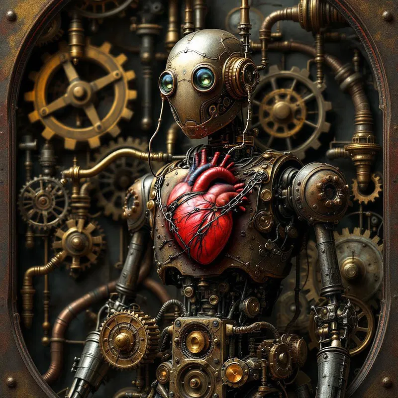 Steampunk robot with a human heart