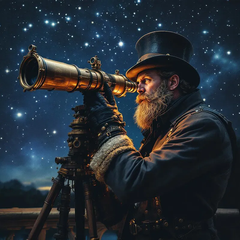 Steampunk explorer with a mechanical telescope