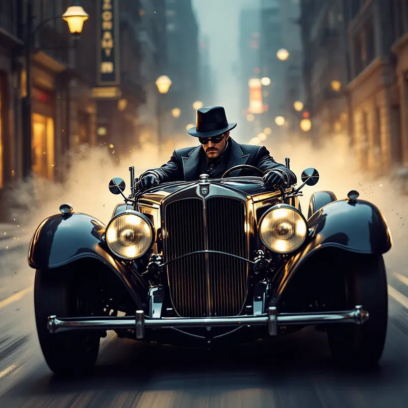 Mobster driving a vintage car