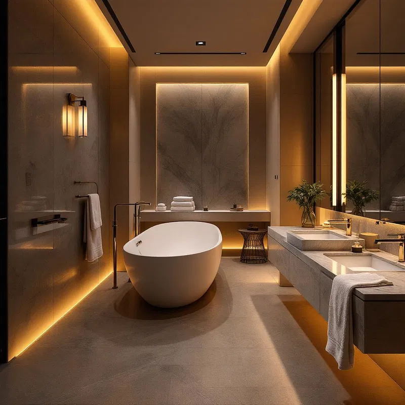 Luxurious AI-inspired bathroom with mood lighting.