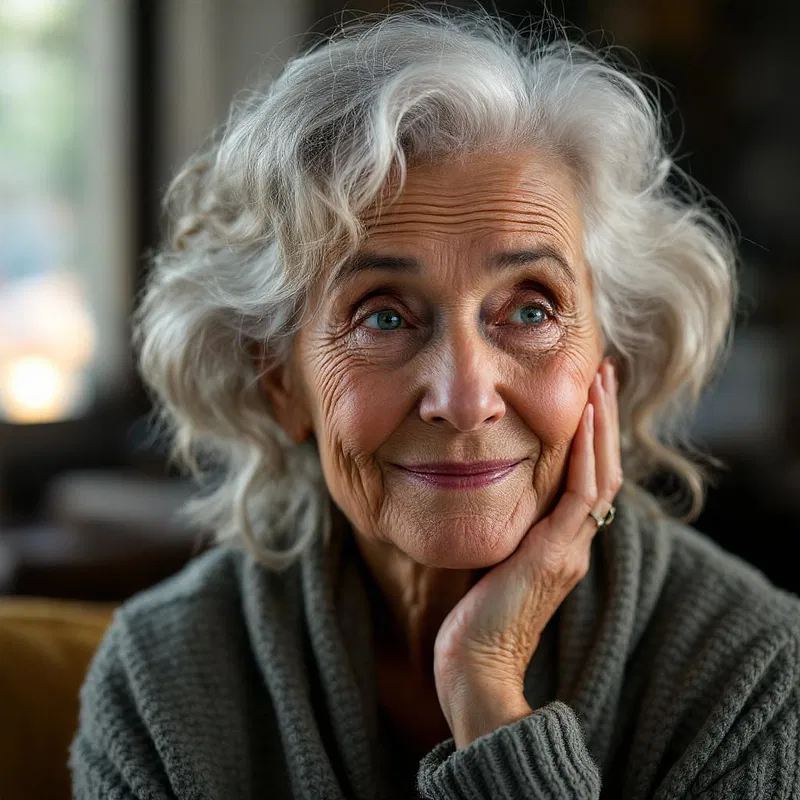 AI headshot of a contemplative elderly woman.