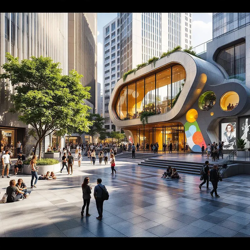 AI architectural rendering of urban plaza