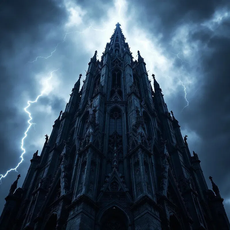 Dark Gothic spire reaching towards stormy skies