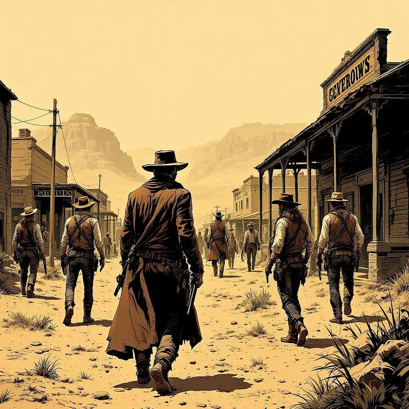 Western comic book scene with outlaws