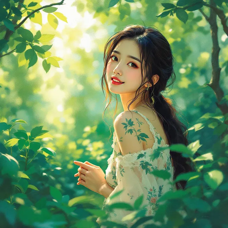 Artistic rendering of an Asian woman in nature