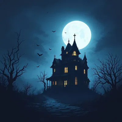 Haunted house with a full moon