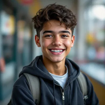 AI-generated headshot of a teenager with braces.