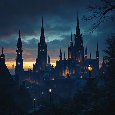 Gothic art-inspired cityscape at twilight