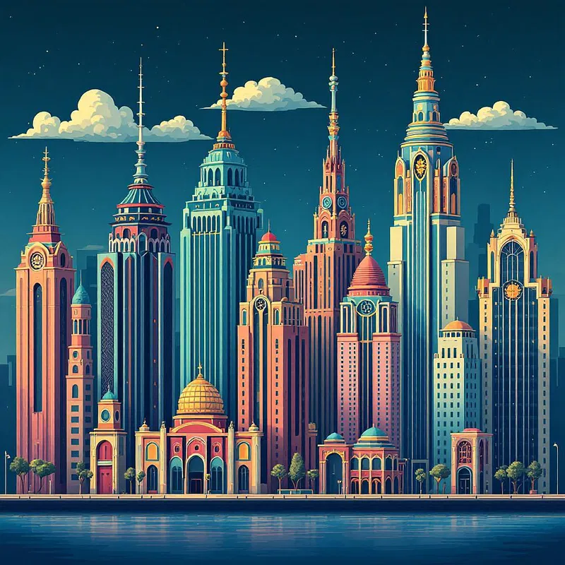 City skyline with art deco style buildings.