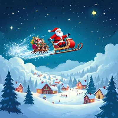 AI created Santa Claus flying over a snowy town.