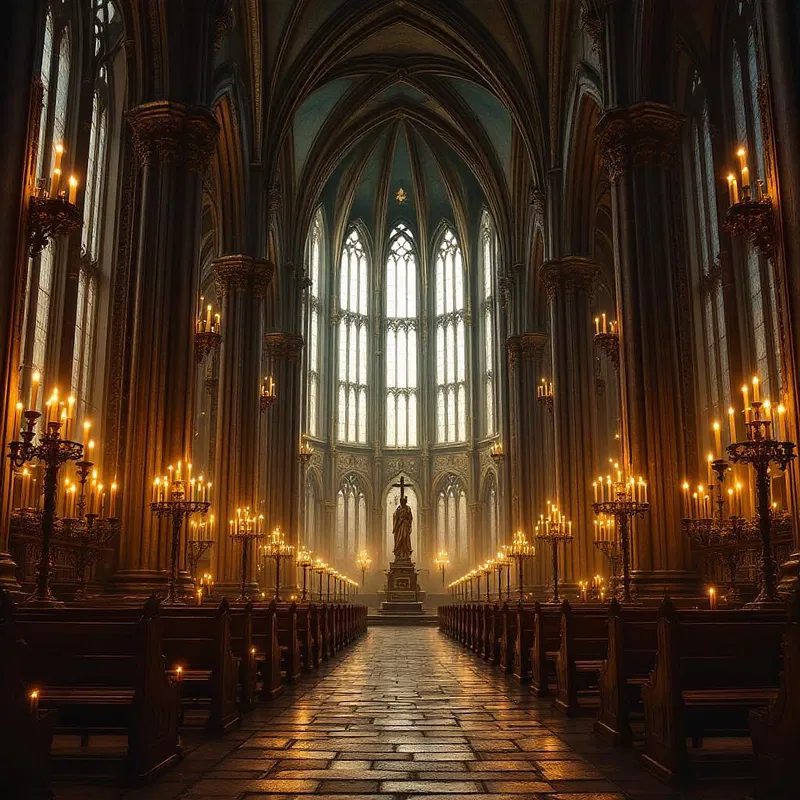 Gothic cathedral interior with glowing candles