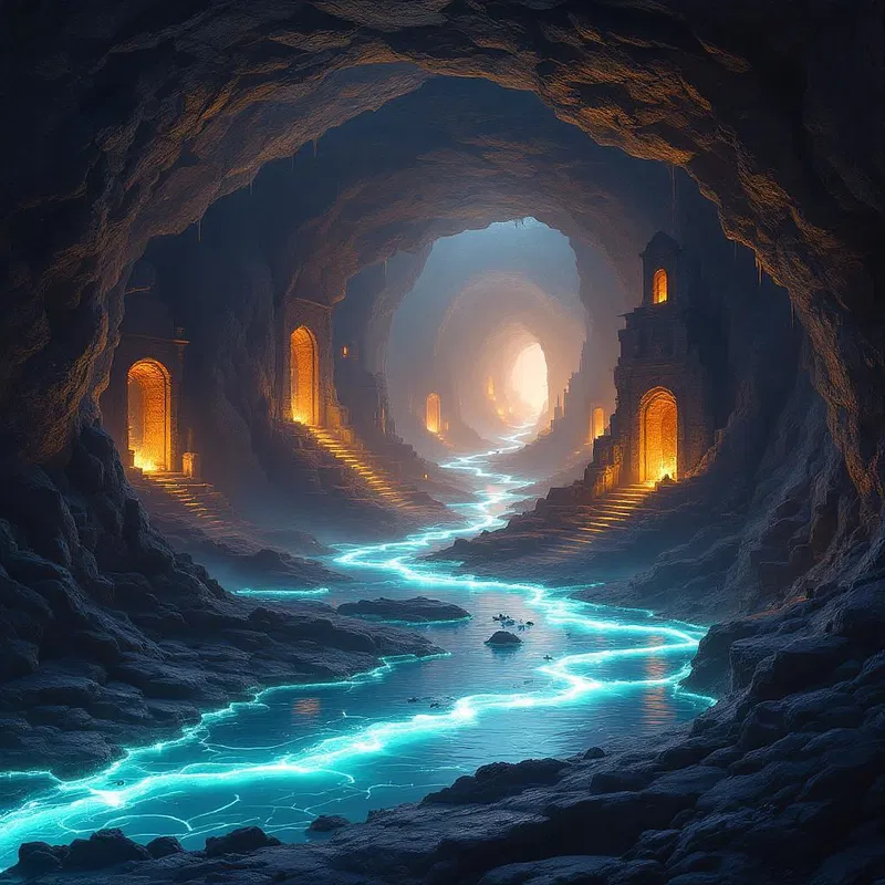 Subterranean world with glowing rivers and ancient ruins.