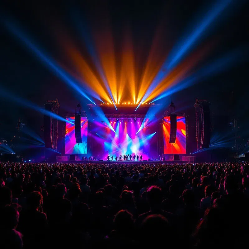 Night festival stage surrounded by crowd