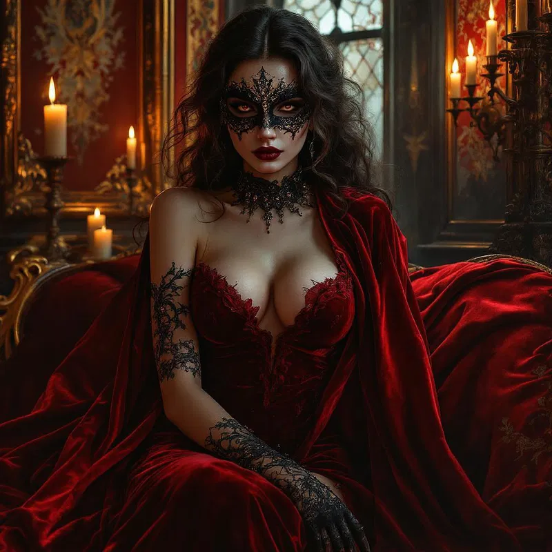 Gothic seductress in a candle-lit room