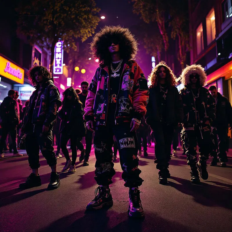 AI crafted nightlife street fashion scene with vibrancy and excitement