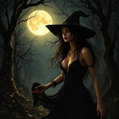 A seductive witch casting a spell with a full moon in the background