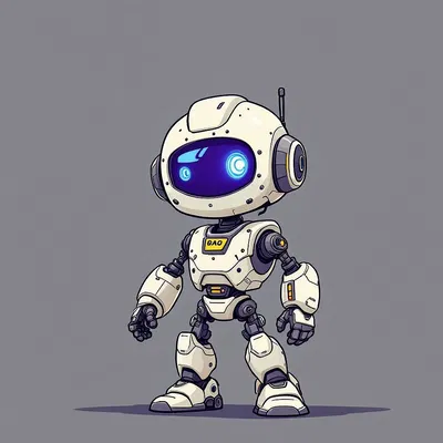 Cartoon of a robot sidekick with futuristic gadgets.