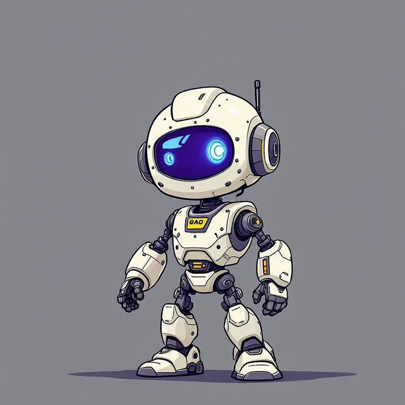 Cartoon of a robot sidekick with futuristic gadgets.