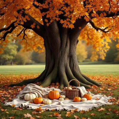 Autumn picnic setup under a tree