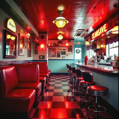 Interior of a vintage 1950s diner, showing booths and counter