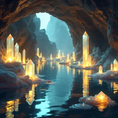 Mystical cave with glowing crystals and reflections in water.