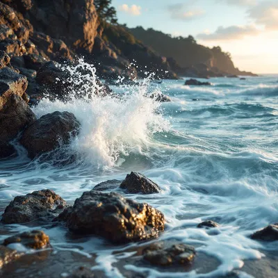 Waves crashing against rocks in time-lapse form