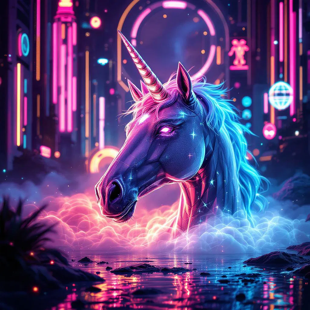 A futuristic unicorn in a neon-lit digital world.