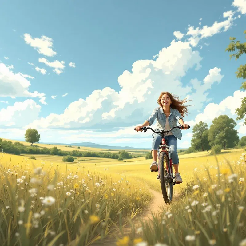 Girl on a bicycle ride through the countryside