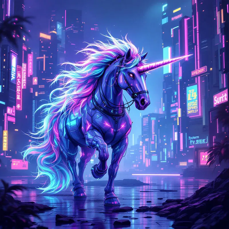 A cyberpunk-inspired unicorn with neon lights in a futuristic cityscape.