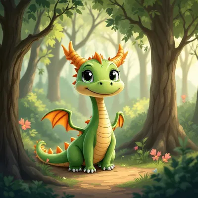 Cartoon of a friendly dragon in a whimsical forest.