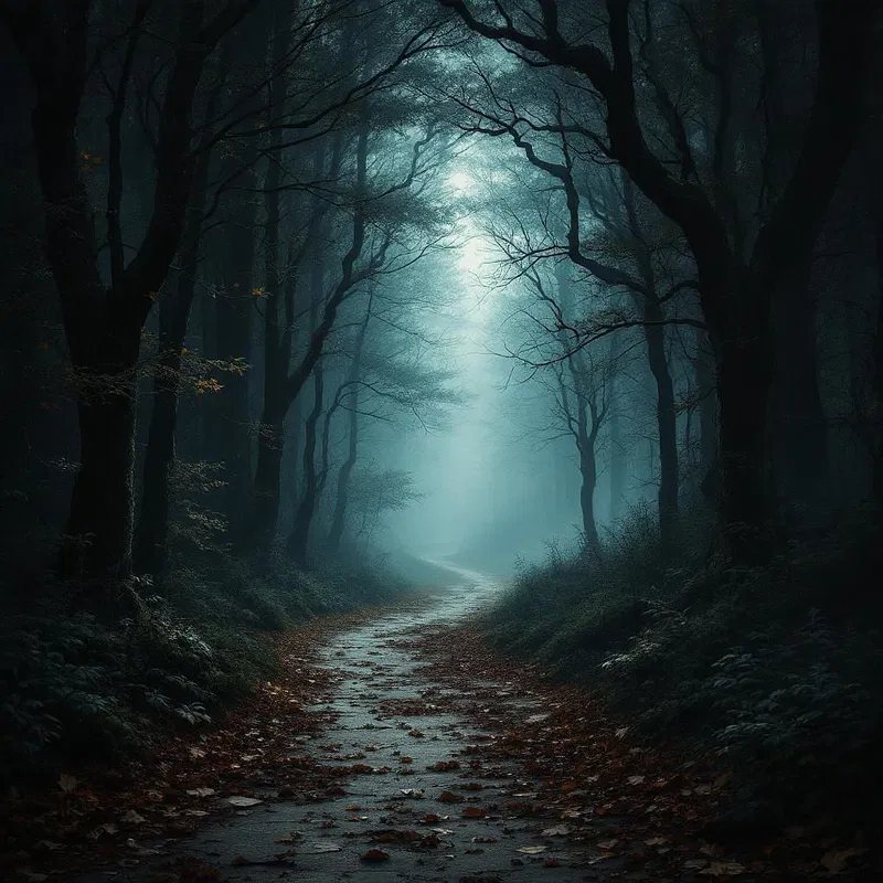 Thriller novel cover with a dark forest and hidden path