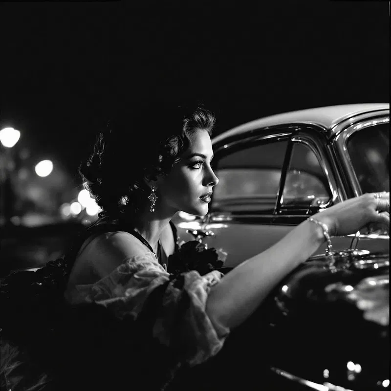 Mob wife gazing out a vintage car window