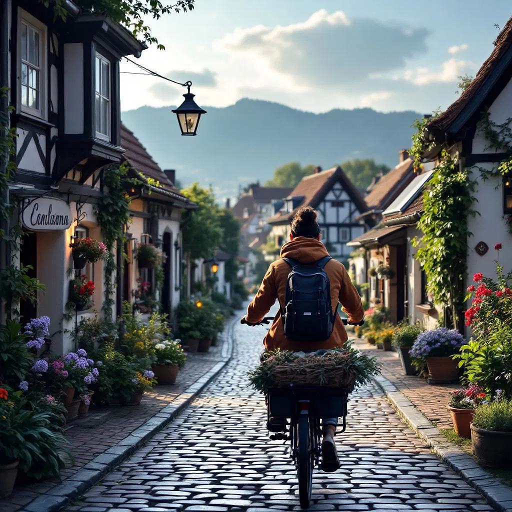 Digital nomad cycling through a quaint village