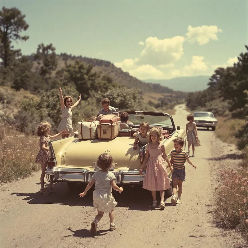 AI-created vintage family road trip scene