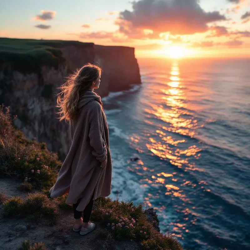 Scandinavian woman gazing over cliff edge at sunset