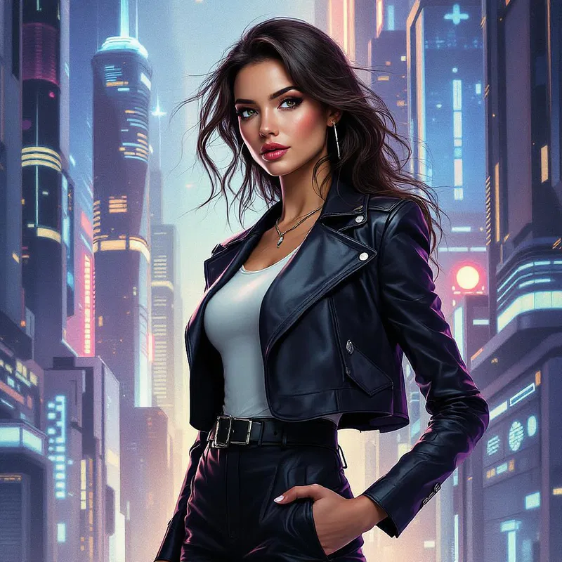 Modern AI illustration of a woman with a futuristic cityscape